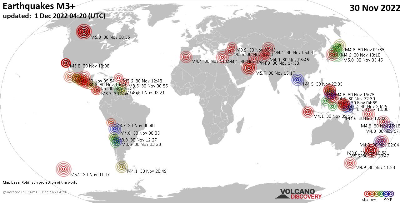 Weltkarte mit Erdbeben über Magnitude 3 während den letzten 24 Stunden past 24 hours am 30. November 2022