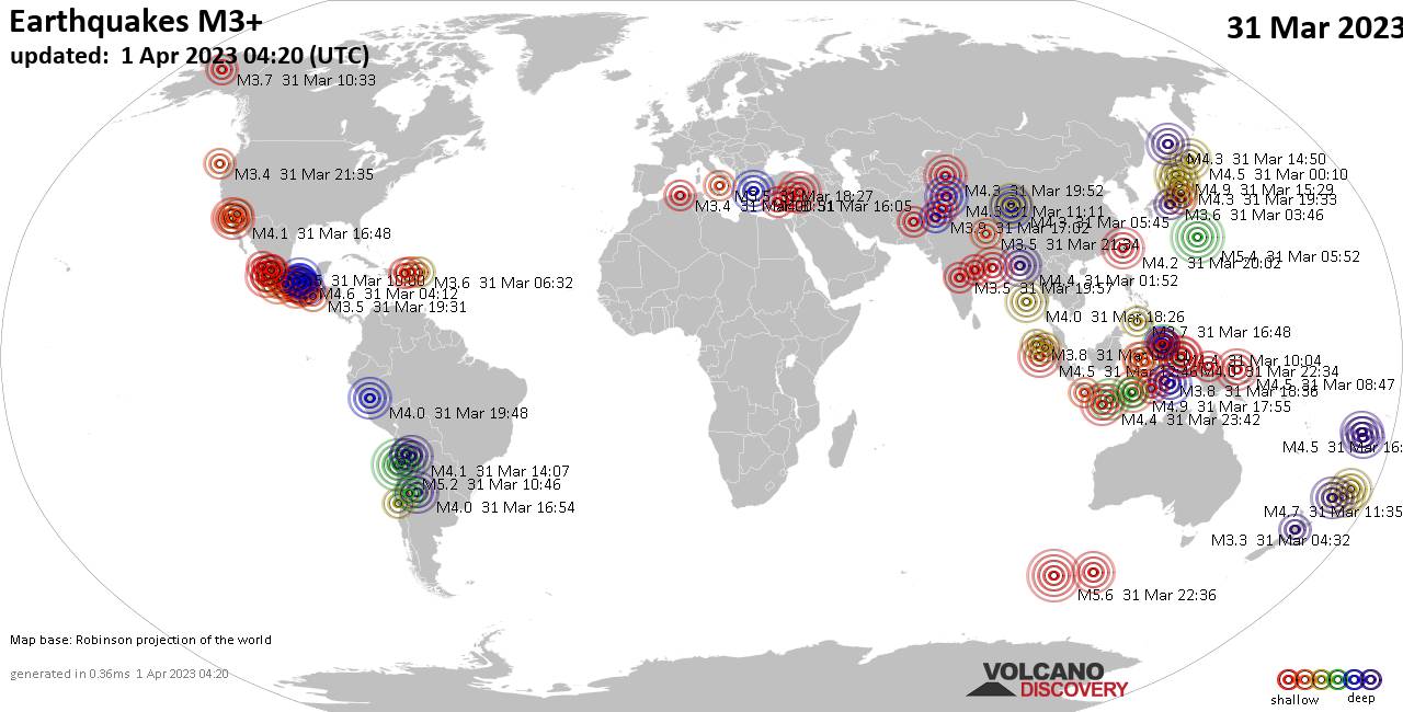 Mapa mundial que muestra terremotos de magnitud 3 en las últimas 24 horas  1 abril 2023
