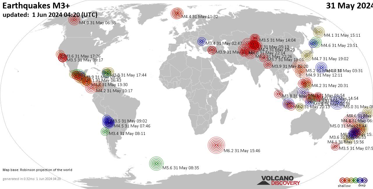 Weltkarte mit Erdbeben über Magnitude 3 während den letzten 24 Stunden past 24 hours am 31. Mai 2024