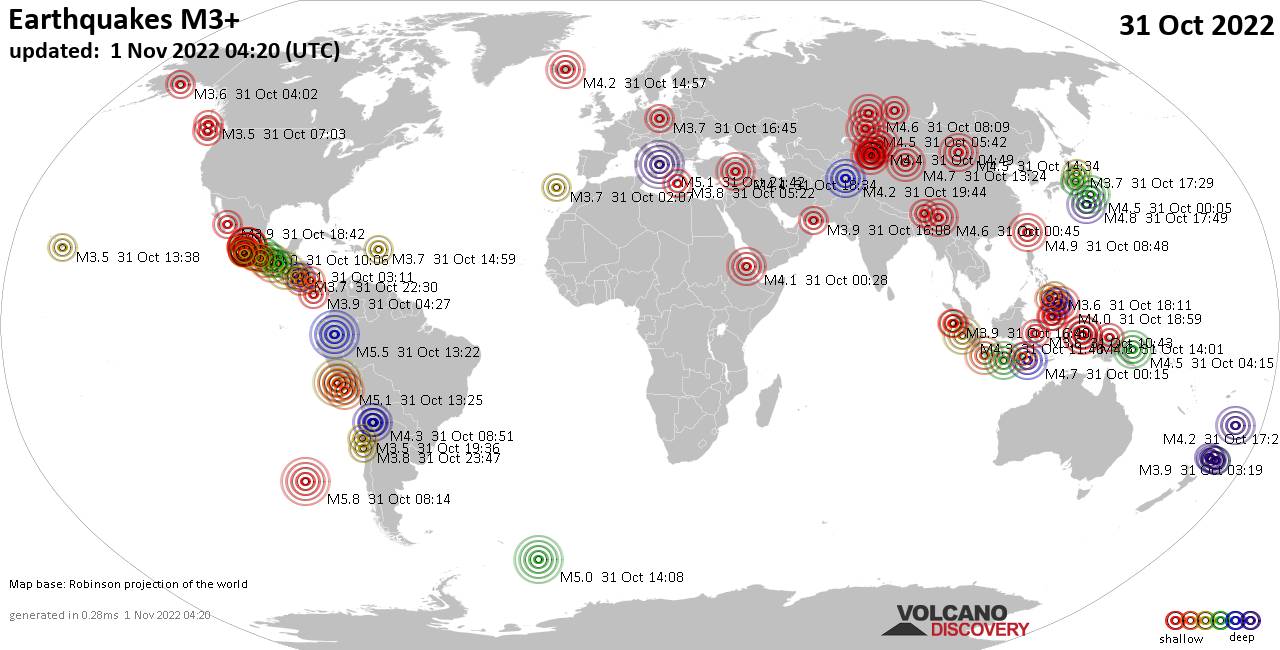 Παγκόσμιος χάρτης που δείχνει σεισμούς άνω των 3 βαθμών στις 31 Οκτωβρίου 2022