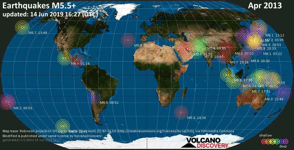 World map showing earthquakes above magnitude 5.5 during April 2013