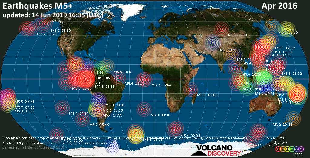 World map showing earthquakes above magnitude 5 during April 2016