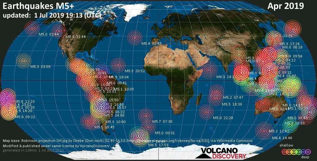 World map showing earthquakes above magnitude 5 during April 2019