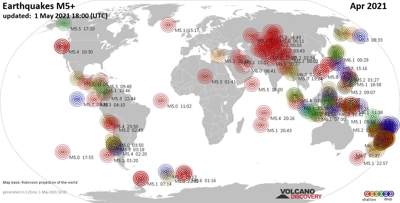 Worldwide earthquakes above magnitude 5 during April 2021