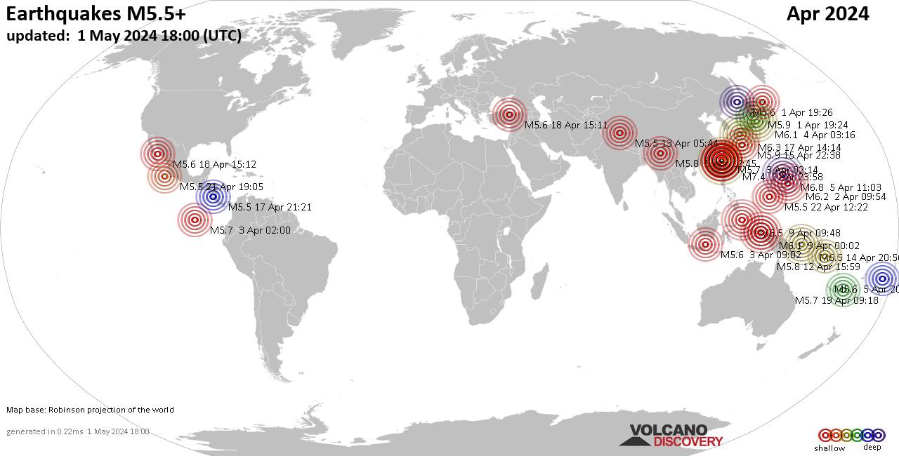 Παγκόσμιος χάρτης που δείχνει σεισμούς άνω των 5.5 βαθμών τον Απρίλιο του 2024