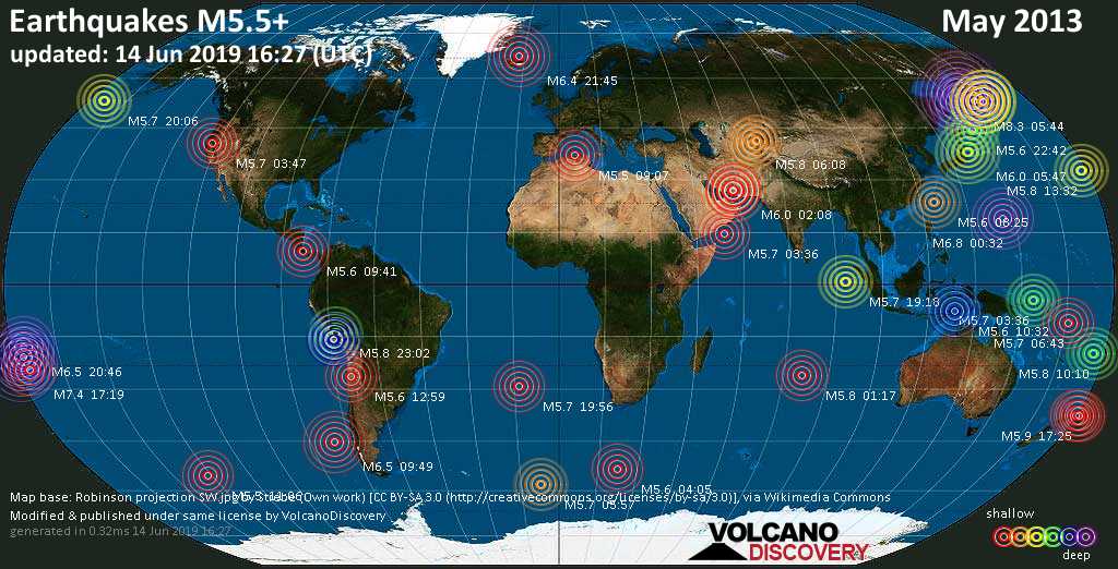 World map showing earthquakes above magnitude 5.5 during May 2013