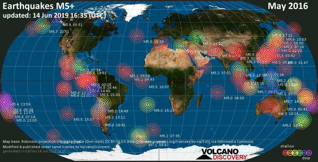 World map showing earthquakes above magnitude 5 during May 2016
