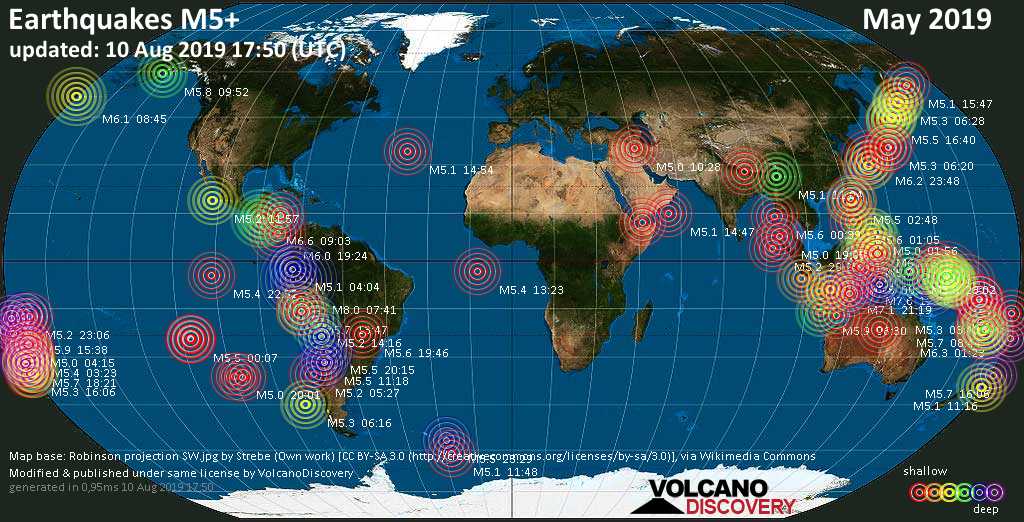 World map showing earthquakes above magnitude 5 during May 2019