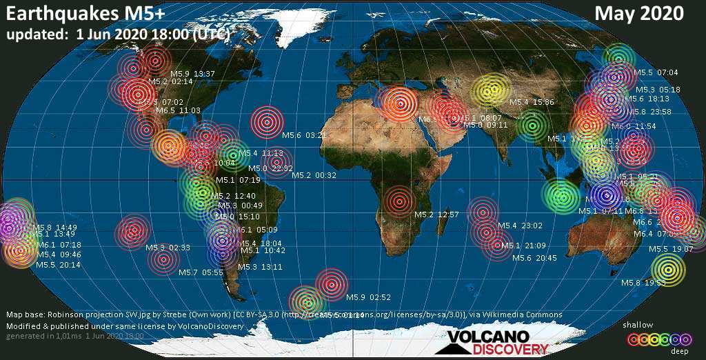 World map showing earthquakes above magnitude 5 during May 2020