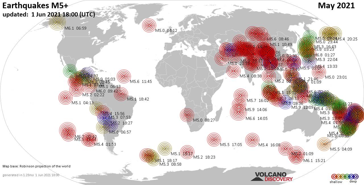 Séismes mondiaux de magnitude supérieure à 5 en mai 2021