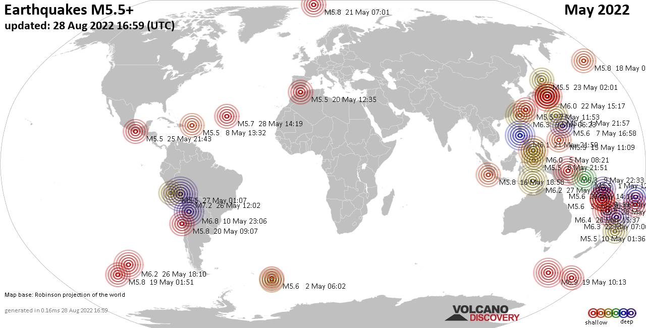 Mapa mundial que muestra terremotos de magnitud 3 en mayo 2022