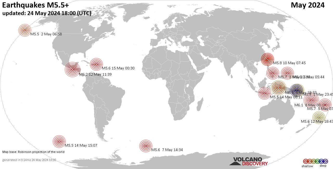 Weltkarte mit Erdbeben über Magnitude 5.5 während Mai 2024