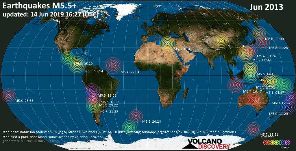 World map showing earthquakes above magnitude 5.5 during June 2013