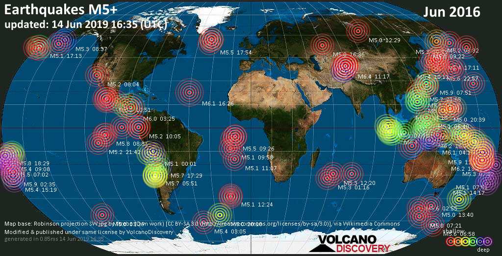 World map showing earthquakes above magnitude 5 during June 2016