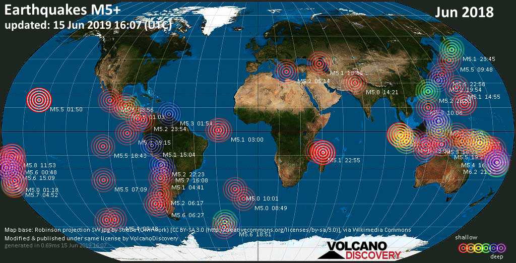 World map showing earthquakes above magnitude 5 during June 2018