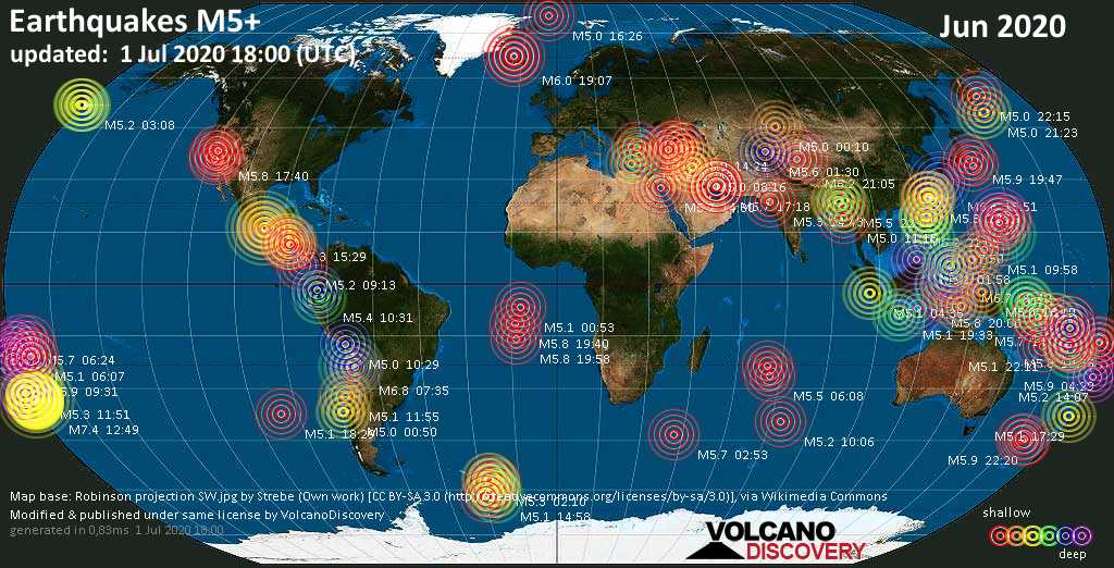 World map showing earthquakes above magnitude 5 during June 2020
