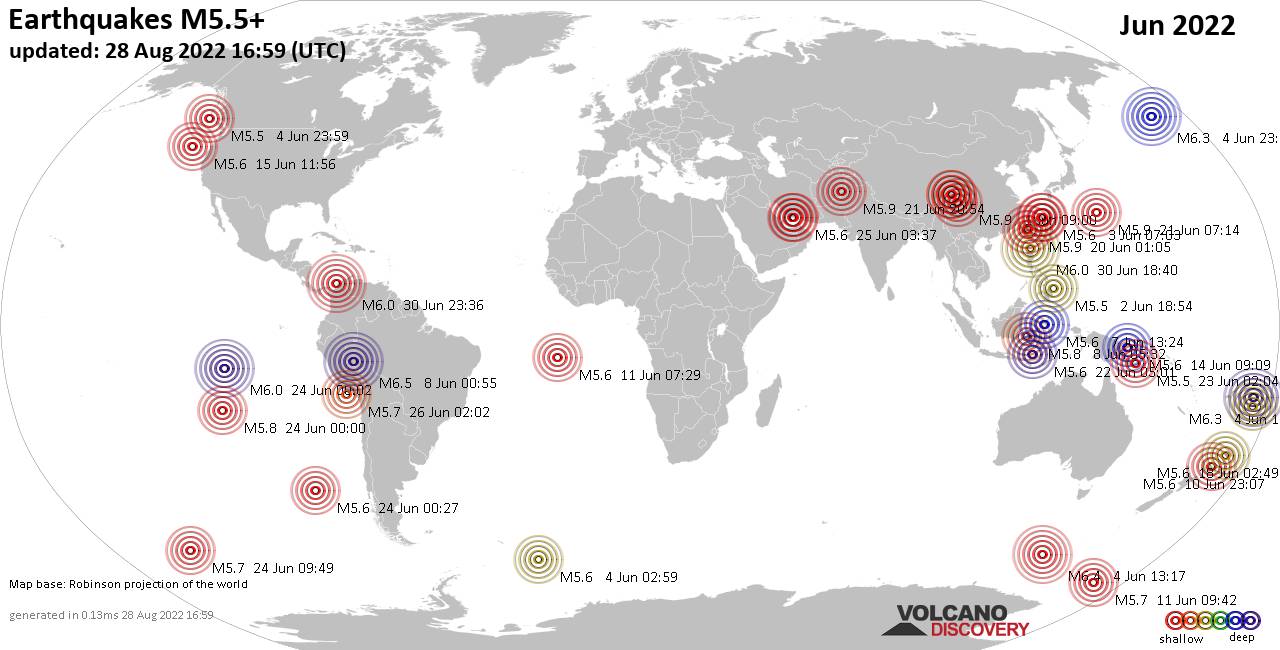 Worldwide earthquakes above magnitude 5 during June 2022