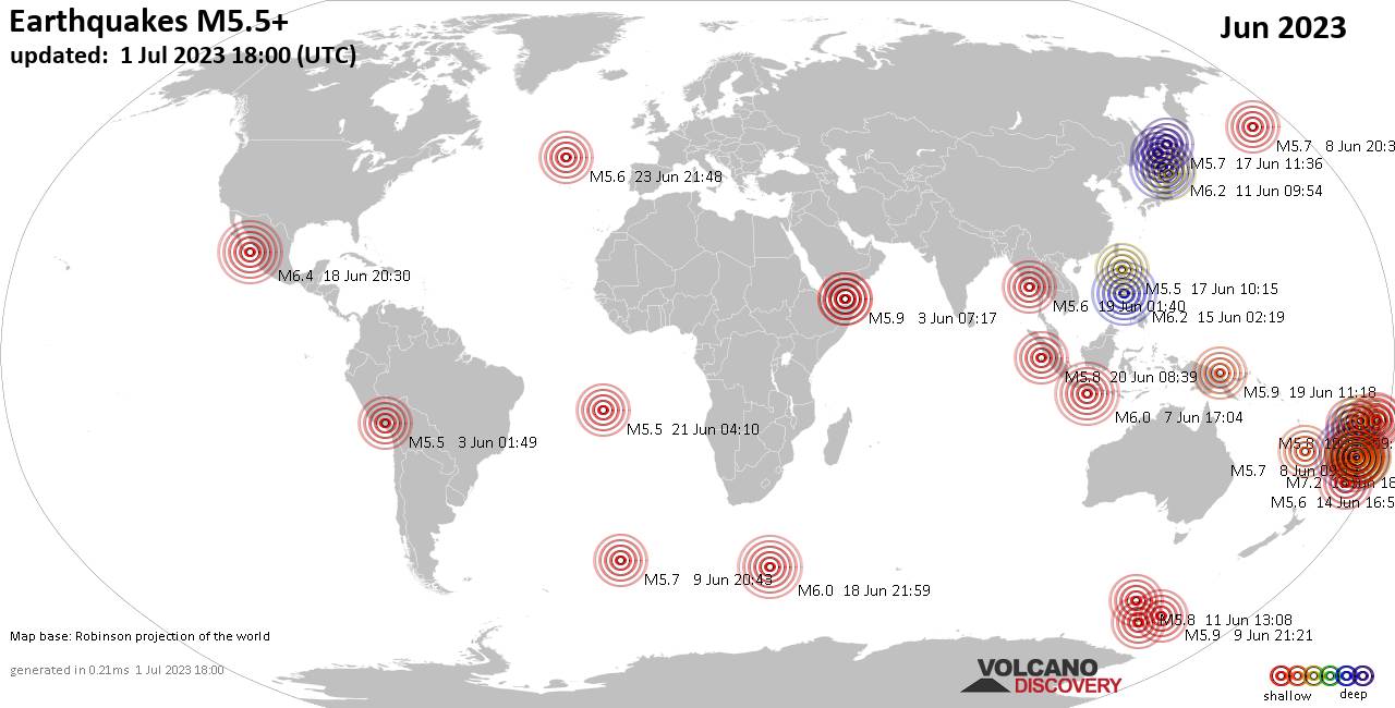 Mappa del mondo che mostra i terremoti sopra la magnitudo 5.5 nel mese di giugno 2023