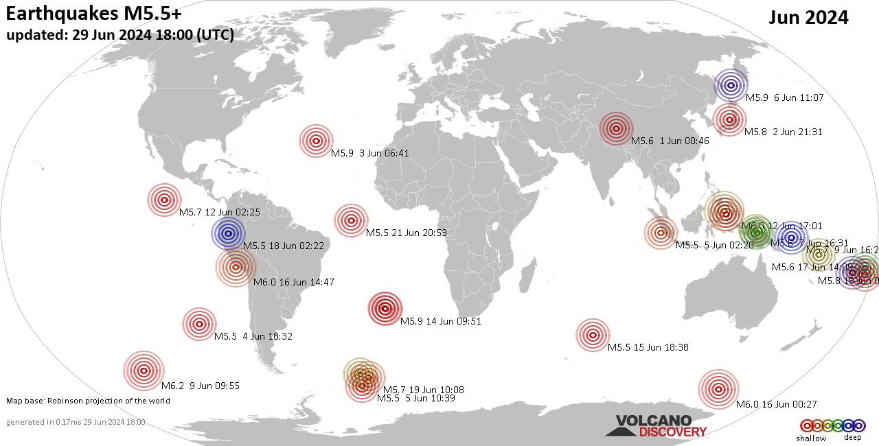 Weltkarte mit Erdbeben über Magnitude 5.5 während Juni 2024