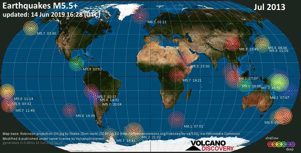 World map showing earthquakes above magnitude 5.5 during July 2013