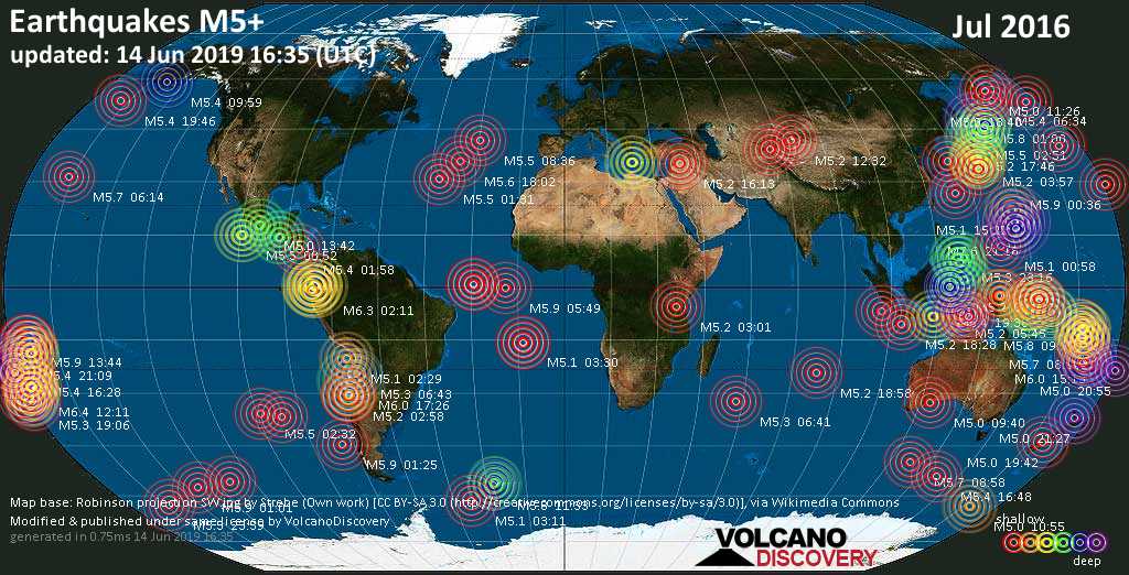World map showing earthquakes above magnitude 5 during July 2016