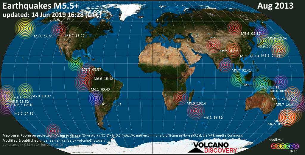 World map showing earthquakes above magnitude 5.5 during August 2013