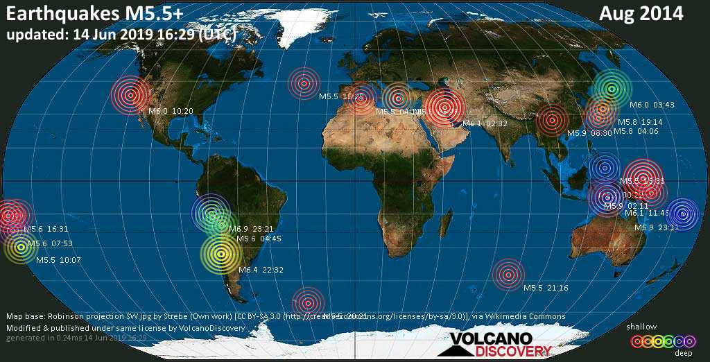 World map showing earthquakes above magnitude 5.5 during August 2014