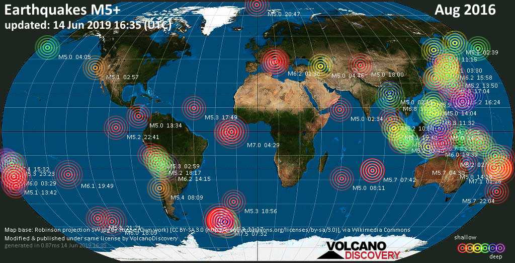 World map showing earthquakes above magnitude 5 during August 2016