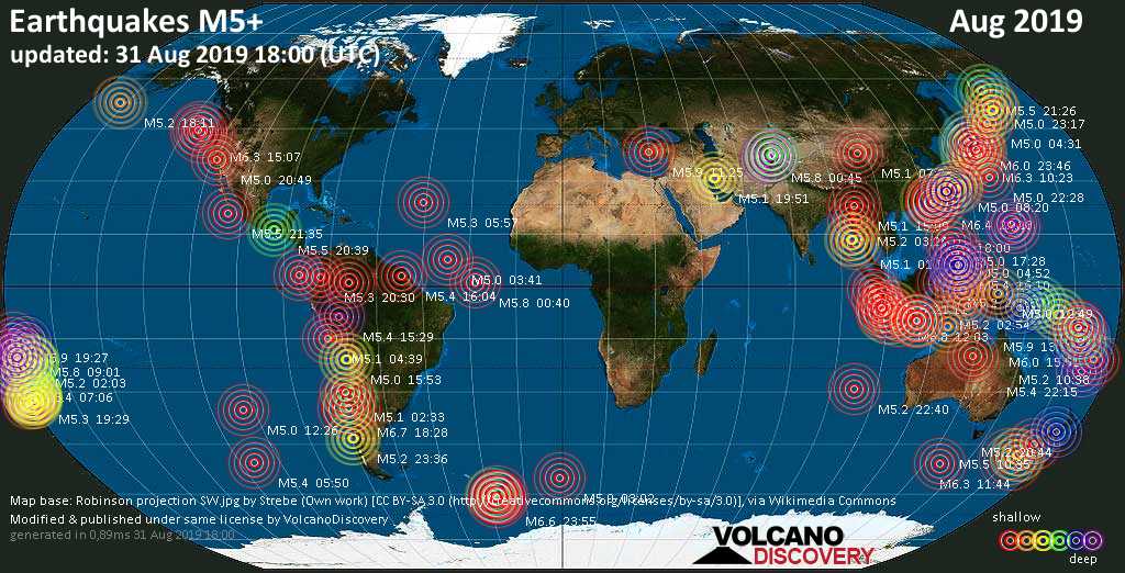 World map showing earthquakes above magnitude 5 during August 2019