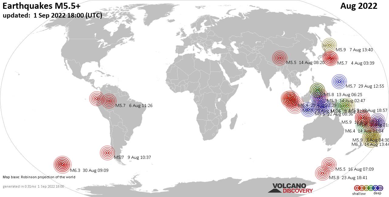 Mapa mundial que muestra terremotos de magnitud 3 en agosto 2022
