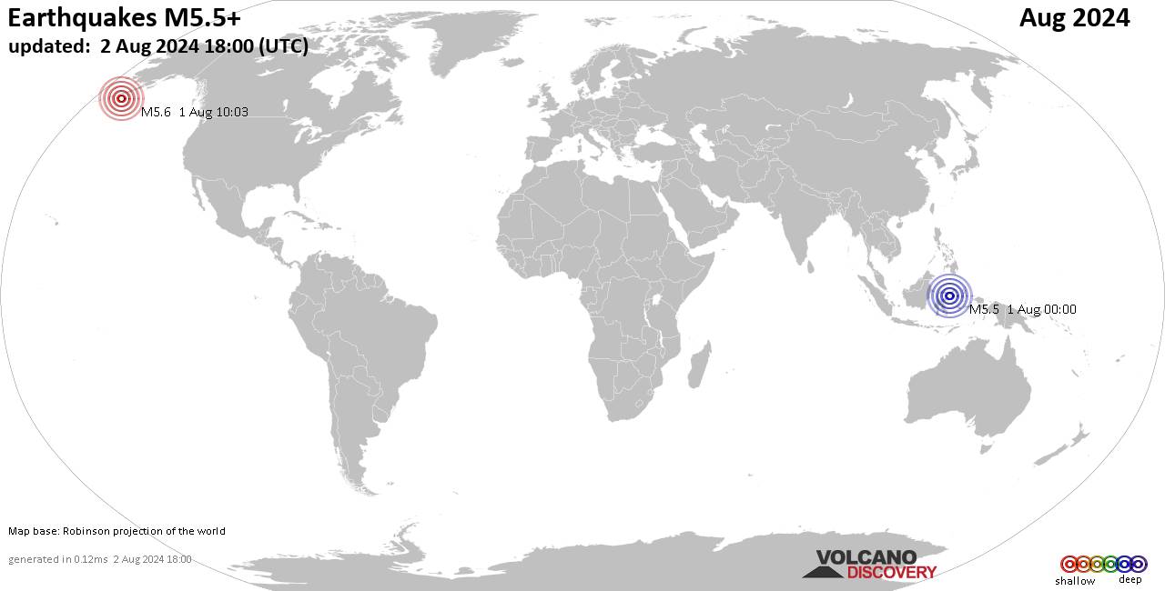 Worldwide earthquakes above magnitude 5.5 during August 2024