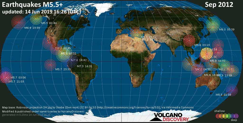 World map showing earthquakes above magnitude 5.5 during September 2012