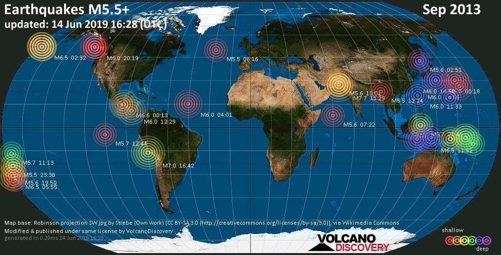 World map showing earthquakes above magnitude 5.5 during September 2013