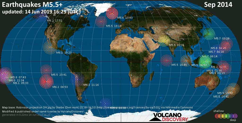 World map showing earthquakes above magnitude 5.5 during September 2014