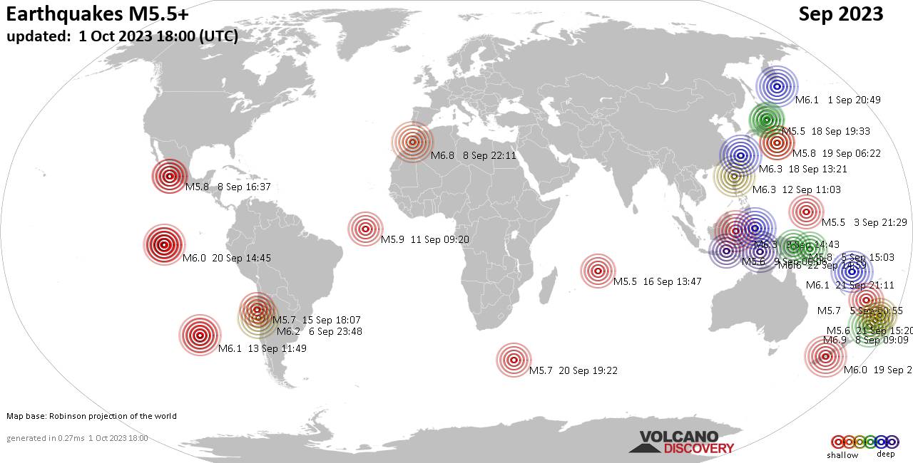 Weltkarte mit Erdbeben über Magnitude 5.5 während September 2023