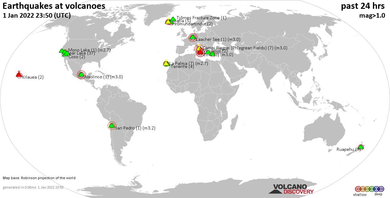 World map showing volcanoes with shallow (less than 50 km) earthquakes within 20 km radius  during the past 24 hours on  1 Jan 2022 Number in brackets indicate nr of quakes.