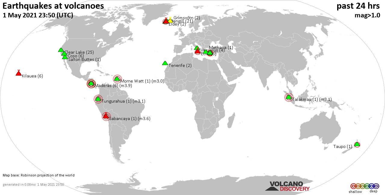 Peta dunia dengan gunung berapi dengan gempa dangkal (kurang dari 20 km) dalam radius 20 km selama 24 jam terakhir pada tanggal 1 Mei 2021 Angka dalam tanda kurung menunjukkan jumlah gempa.