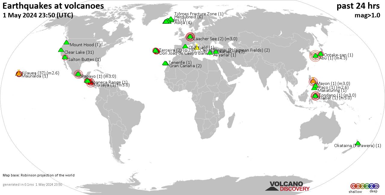 World map showing volcanoes with shallow (less than 50 km) earthquakes within 20 km radius  during the past 24 hours on  1 May 2024 Number in brackets indicate nr of quakes.
