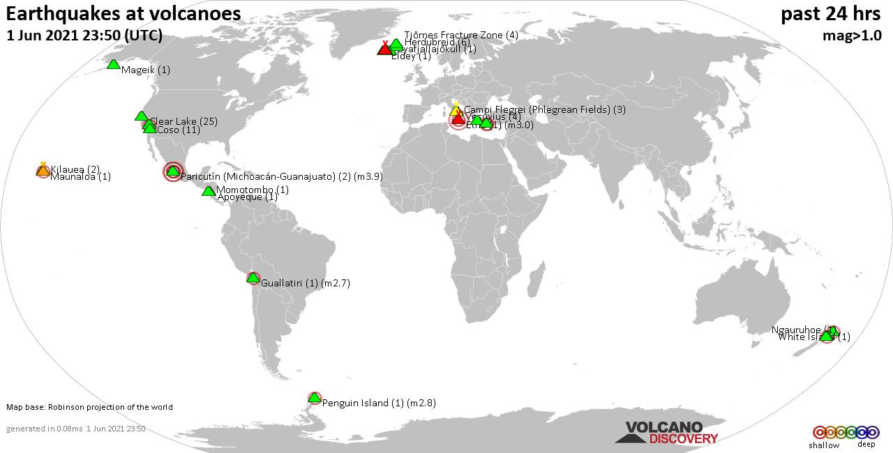 World map showing volcanoes with shallow (less than 20 km) earthquakes within 20 km radius  during the past 24 hours on  1 Jun 2021 Number in brackets indicate nr of quakes.