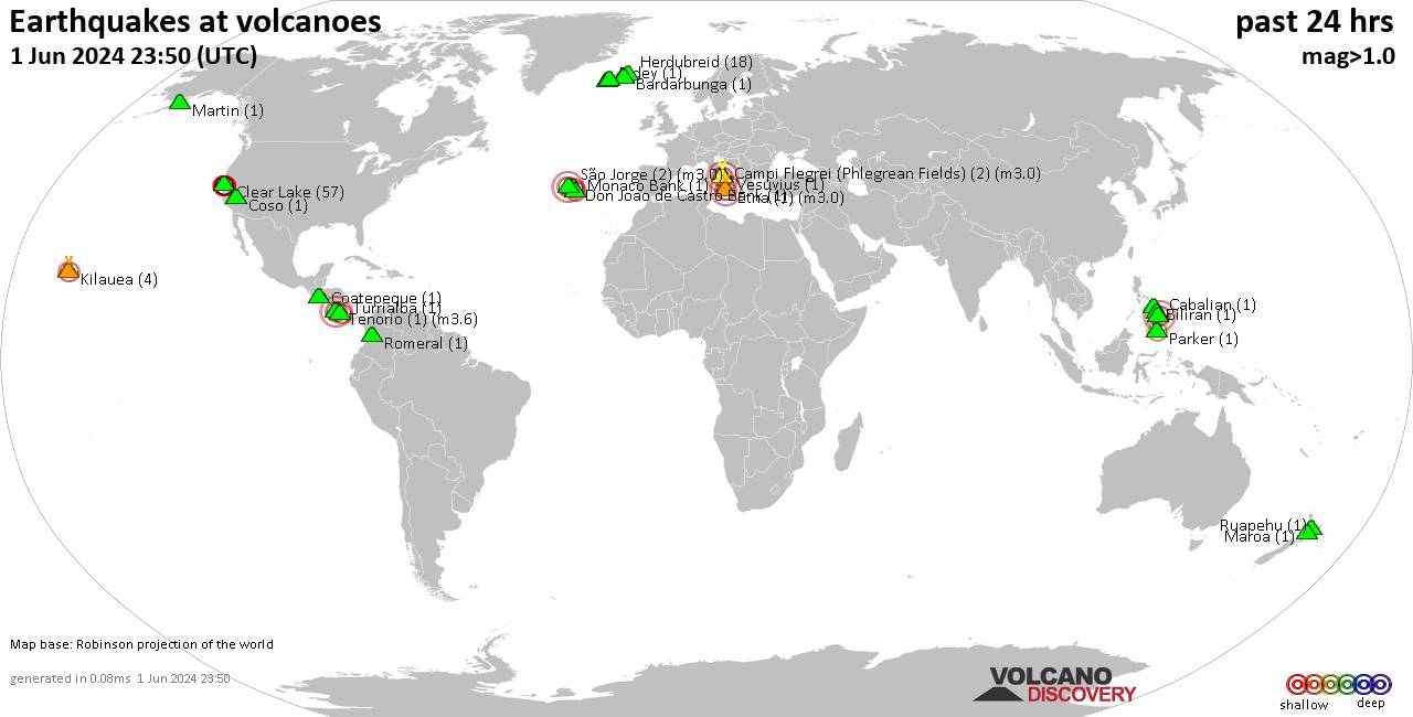 World map showing volcanoes with shallow (less than 50 km) earthquakes within 20 km radius  during the past 24 hours on  1 Jun 2024 Number in brackets indicate nr of quakes.