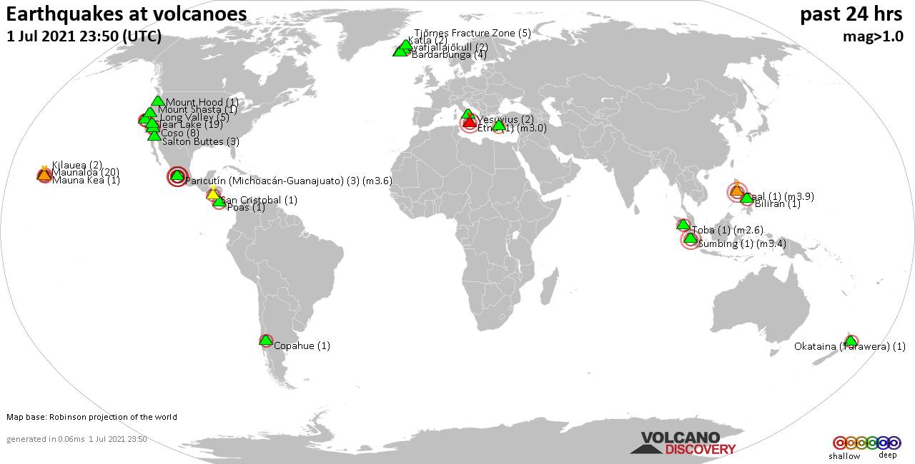 World map showing volcanoes with shallow (less than 20 km) earthquakes within 20 km radius  during the past 24 hours on  1 Jul 2021 Number in brackets indicate nr of quakes.