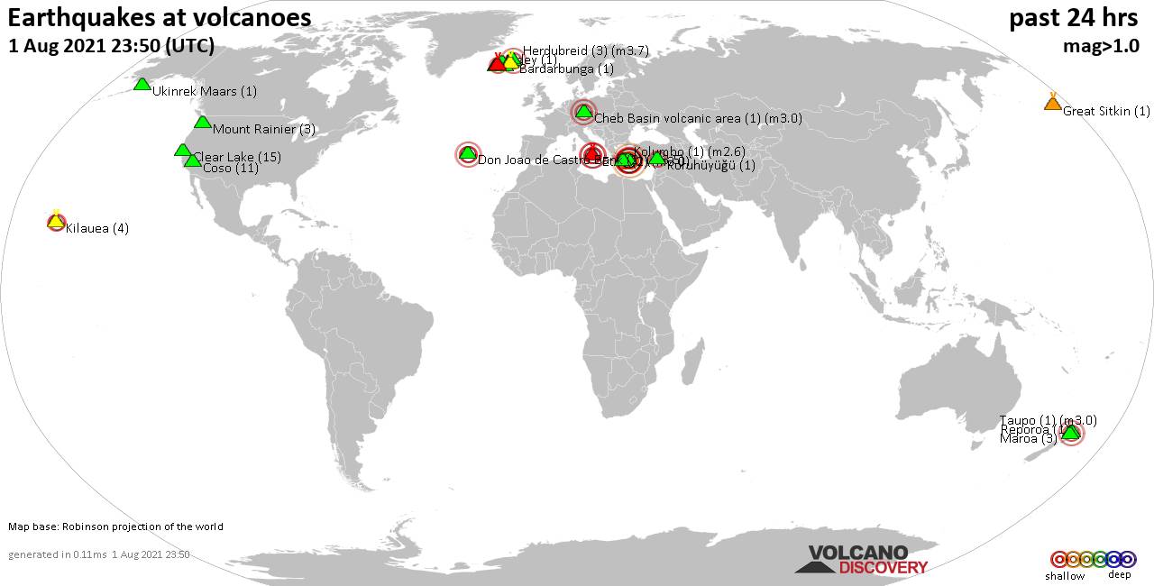 World map showing volcanoes with shallow (less than 20 km) earthquakes within 20 km radius  during the past 24 hours on  1 Aug 2021 Number in brackets indicate nr of quakes.