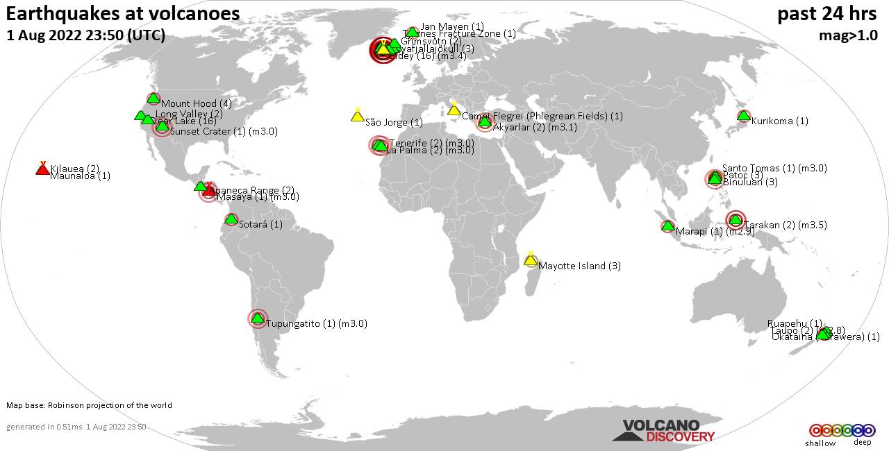 World map showing volcanoes with shallow (less than 50 km) earthquakes within 20 km radius  during the past 24 hours on  1 Aug 2022 Number in brackets indicate nr of quakes.