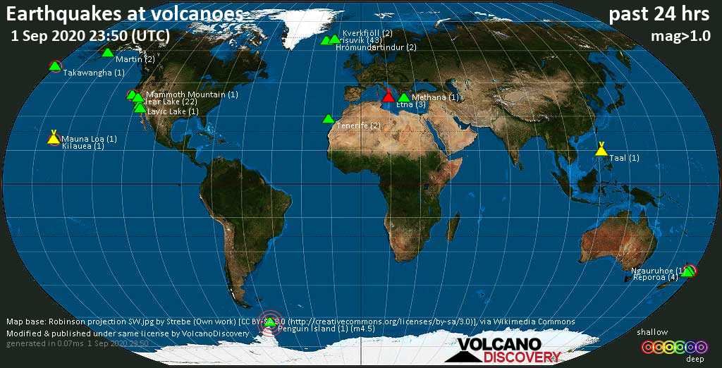 World map showing volcanoes with shallow (less than 20 km) earthquakes within 20 km radius  during the past 24 hours on  1 Sep 2020 Number in brackets indicate nr of quakes.