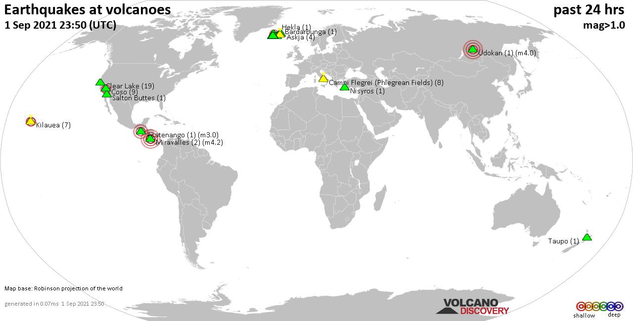 World map showing volcanoes with shallow (less than 20 km) earthquakes within 20 km radius  during the past 24 hours on  1 Sep 2021 Number in brackets indicate nr of quakes.