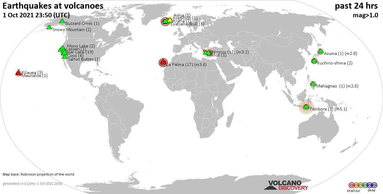 World map showing volcanoes with shallow (less than 20 km) earthquakes within 20 km radius  during the past 24 hours on  1 Oct 2021 Number in brackets indicate nr of quakes.