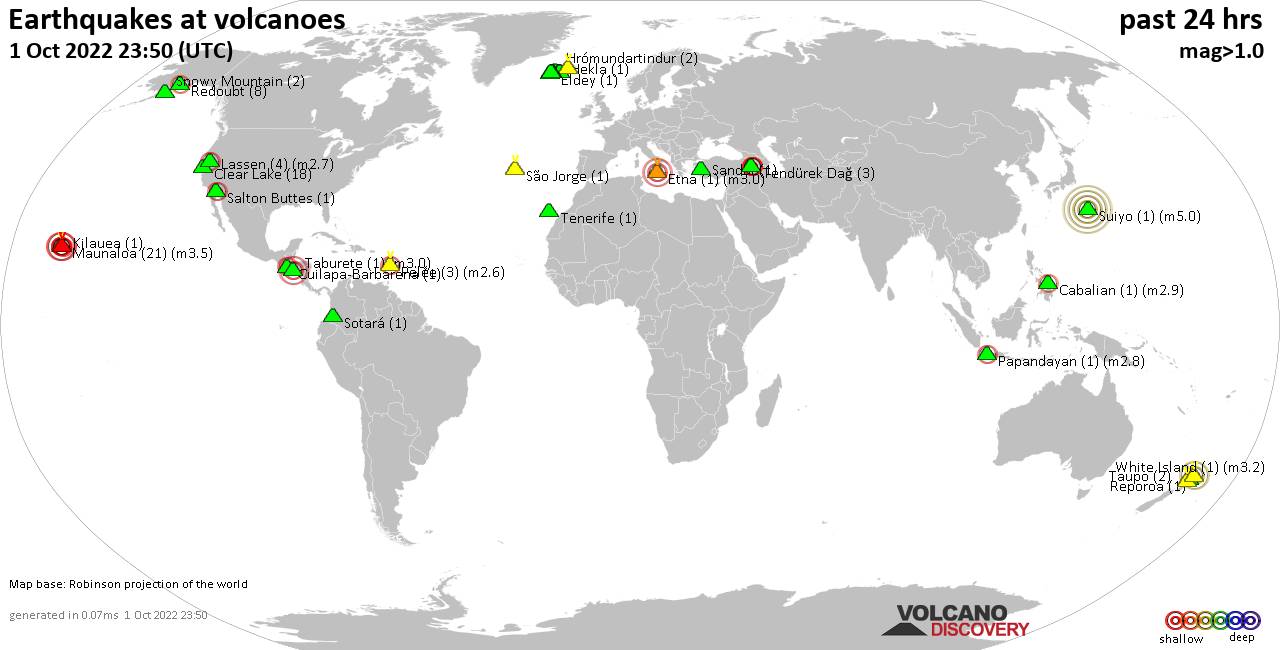 World map showing volcanoes with shallow (less than 50 km) earthquakes within 20 km radius  during the past 24 hours on  1 Oct 2022 Number in brackets indicate nr of quakes.