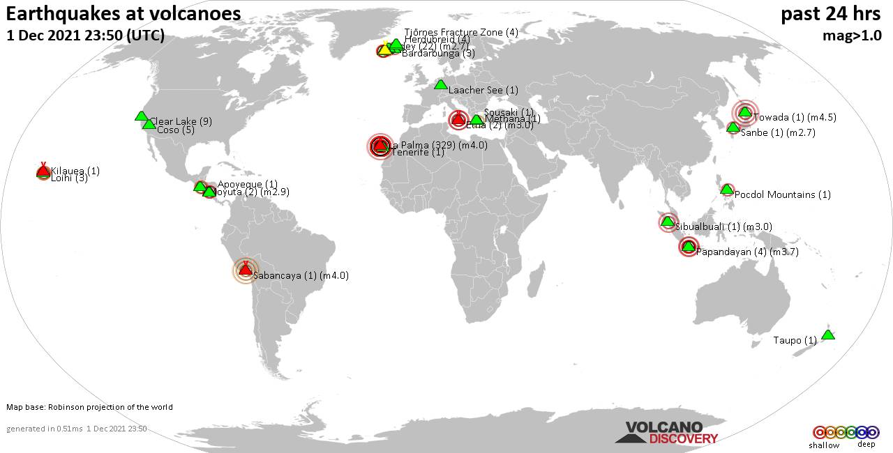 World map showing volcanoes with shallow (less than 50 km) earthquakes within 20 km radius  during the past 24 hours on  1 Dec 2021 Number in brackets indicate nr of quakes.