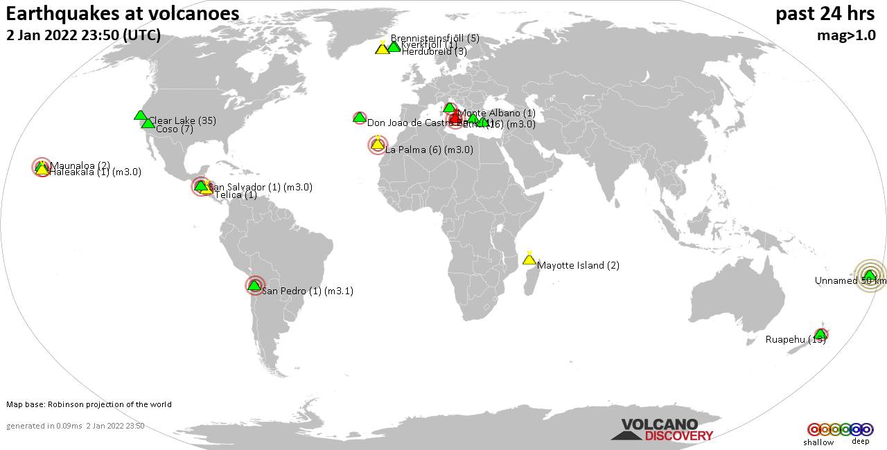 World map showing volcanoes with shallow (less than 50 km) earthquakes within 20 km radius  during the past 24 hours on  2 Jan 2022 Number in brackets indicate nr of quakes.