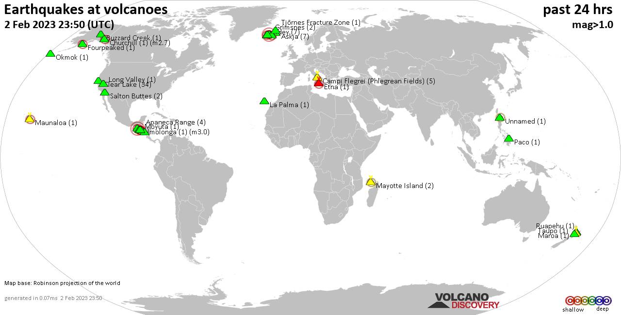World map showing volcanoes with shallow (less than 50 km) earthquakes within 20 km radius  during the past 24 hours on  2 Feb 2023 Number in brackets indicate nr of quakes.